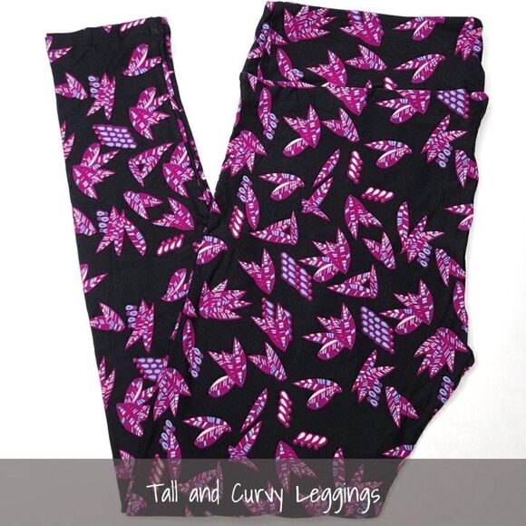 LuLaRoe TC Leggings Black Pink Feathers NEW - Picture 1 of 1
